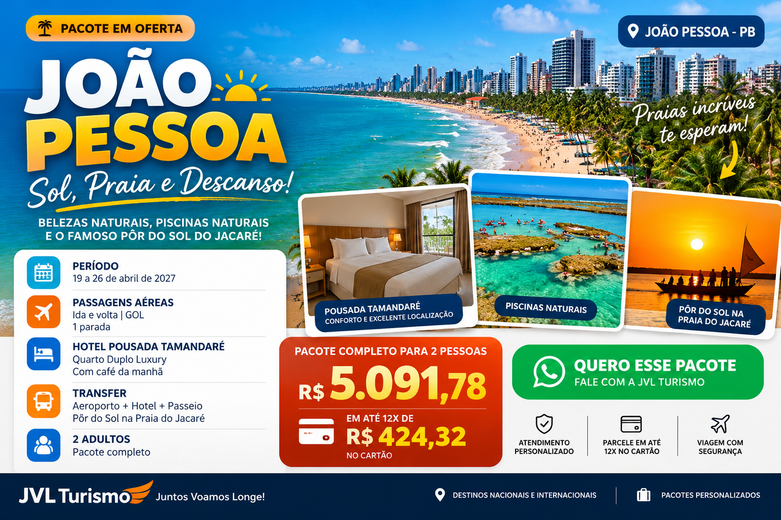 Arte promocional ilustrativa do pacote de João Pessoa, de 19 a 26 de abril de 2027